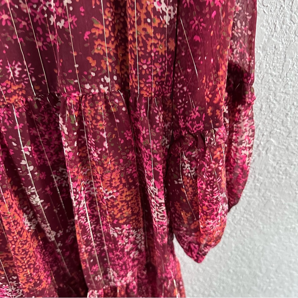 MSK Petite Floral Tiered Chiffon Dress PM Burgundy Romantic Boho Mini - Picture 8 of 13